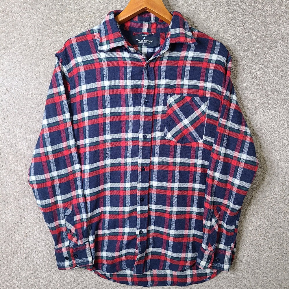 Tailor Vintage Shirt Mens L Red Blue Plaid Button Down Flannel Cotton Blend